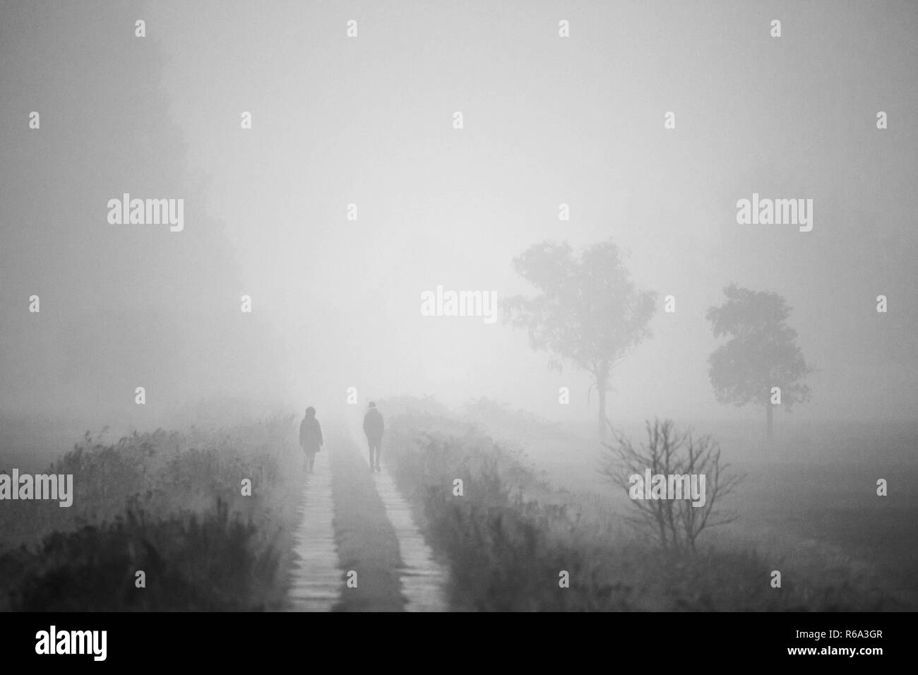 Two Strollers In Foggy Landscape Stock Photo