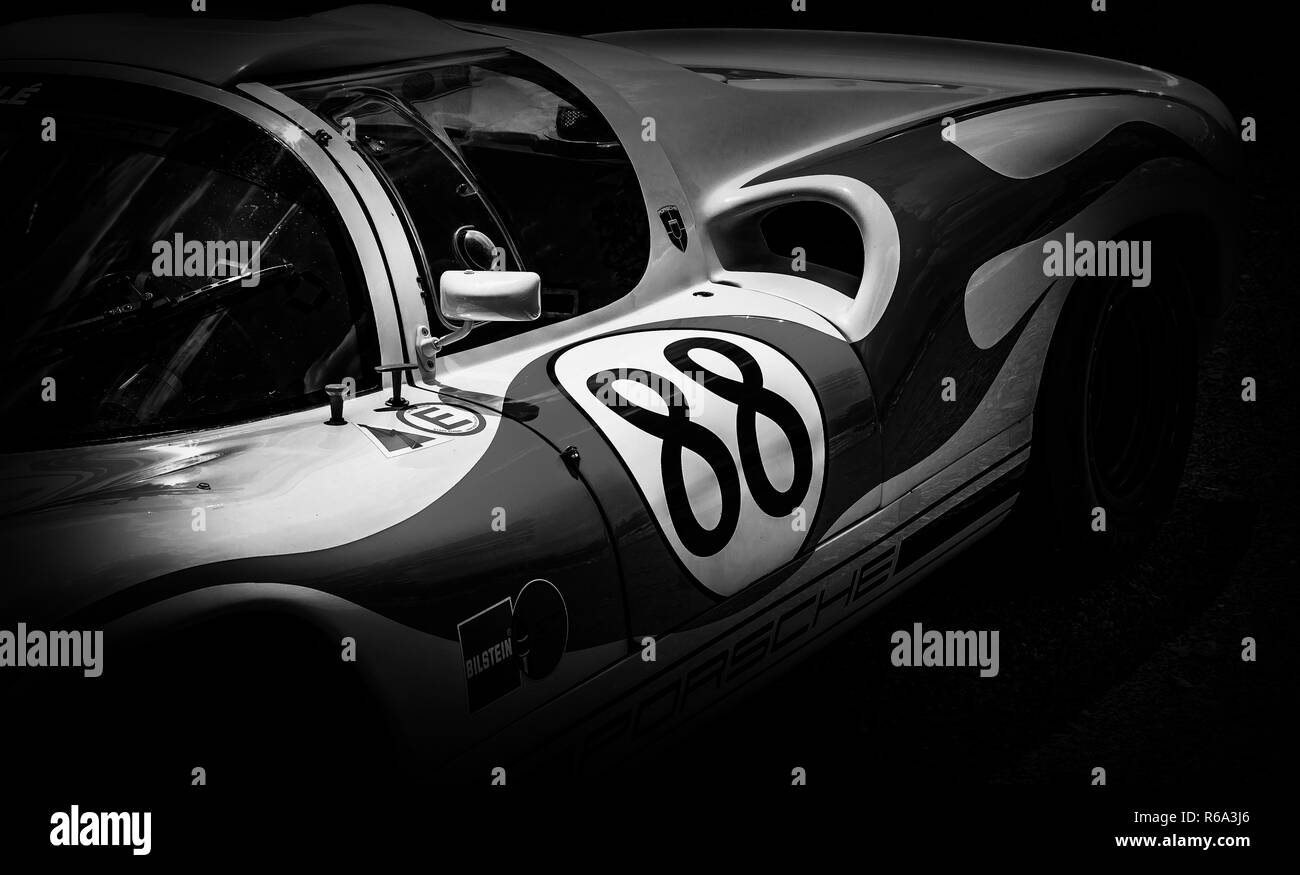 The side of a classic Le Mans Porsche 910 racing car. Stock Photo