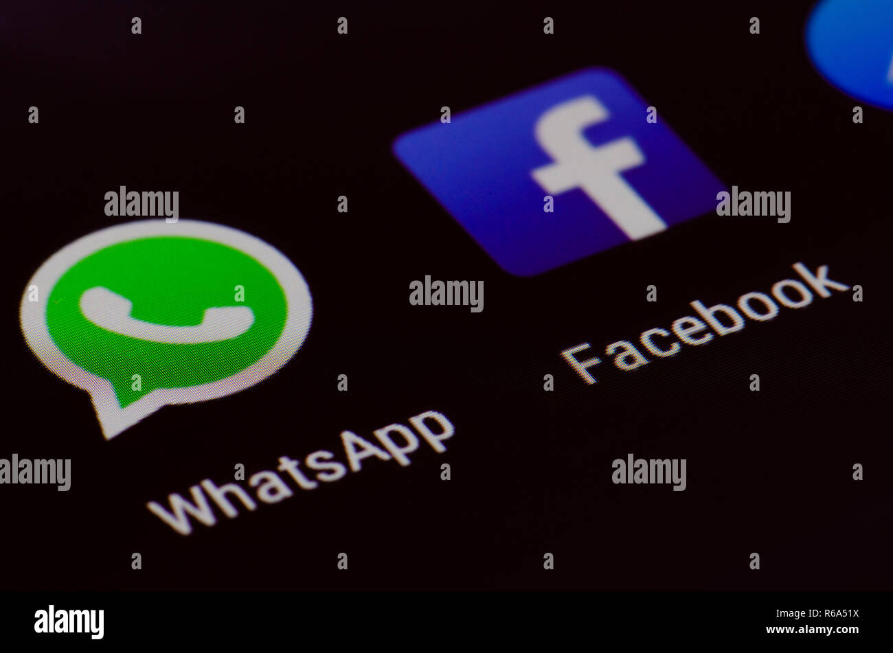 Facebook and Whatsapp icon on monitor screen. Two of the biggest social network websites. Icon Facebook.com and Whatsapp. Social media app. Social net Stock Photo