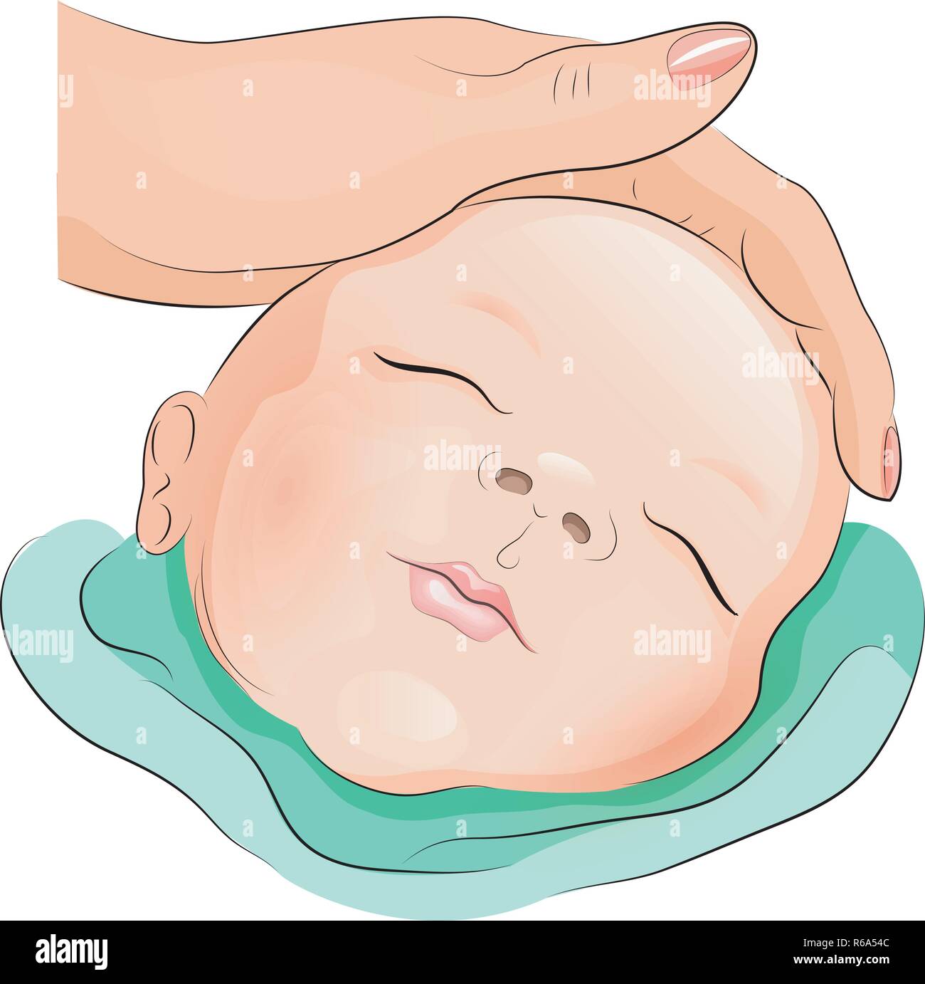 illustration of a sleeping baby and hand the mom pats him on the head Stock Vector