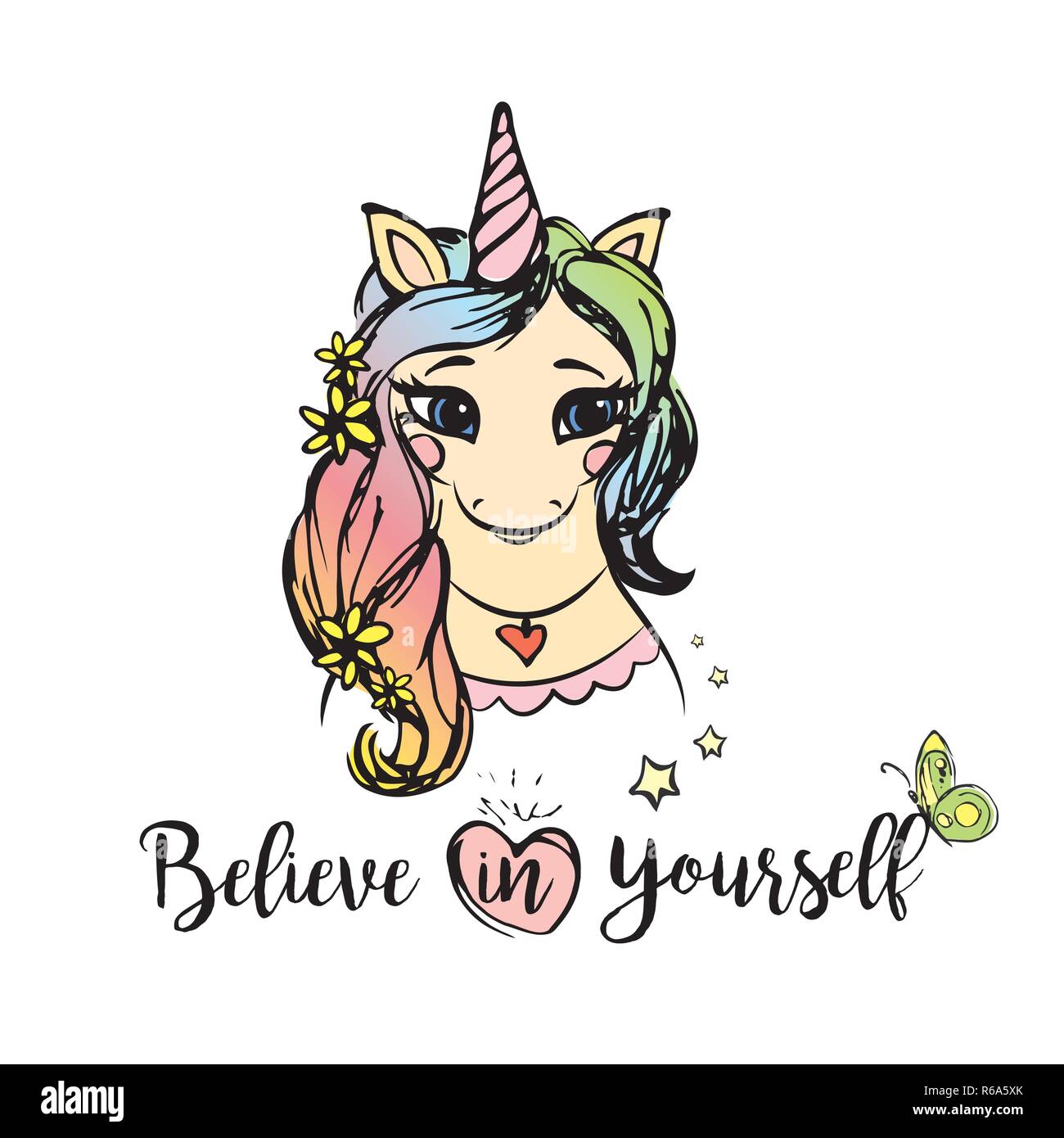 Cute unicorn girl with inscription believe in yourself,hand drawn vector illustration Stock