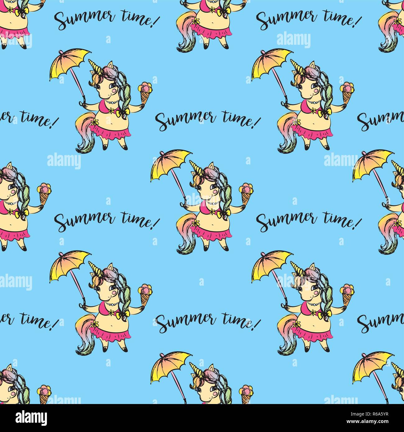 Seamless pattern Cute girl unicorn wearing a swimsuit and holding an ice cream and an umbrella,summer time,hand drawn vector illustration Stock Vector