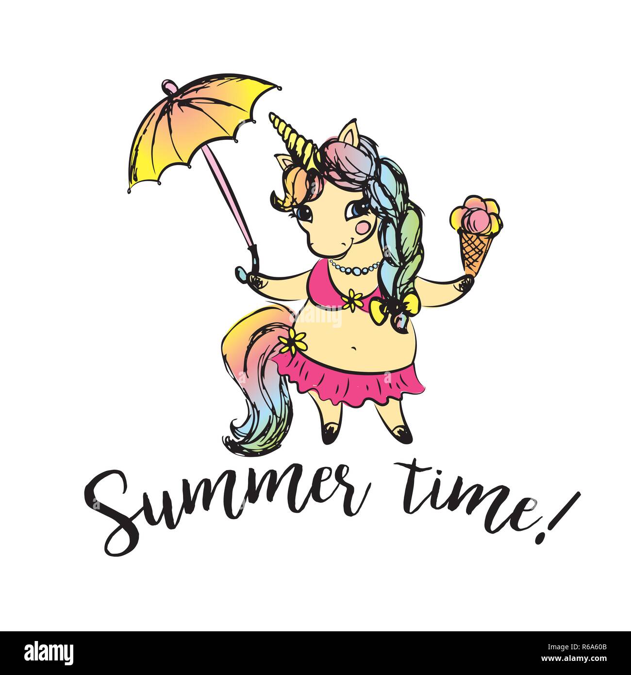 Cute girl unicorn wearing a swimsuit and holding an ice cream and an umbrella,summer time,hand drawn vector illustration Stock Vector