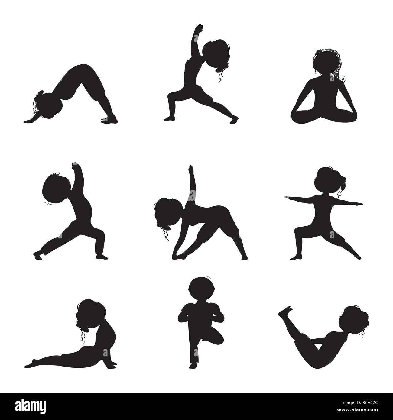 Silhouette or Colorful Contour of Women`s Standing in Various Yoga