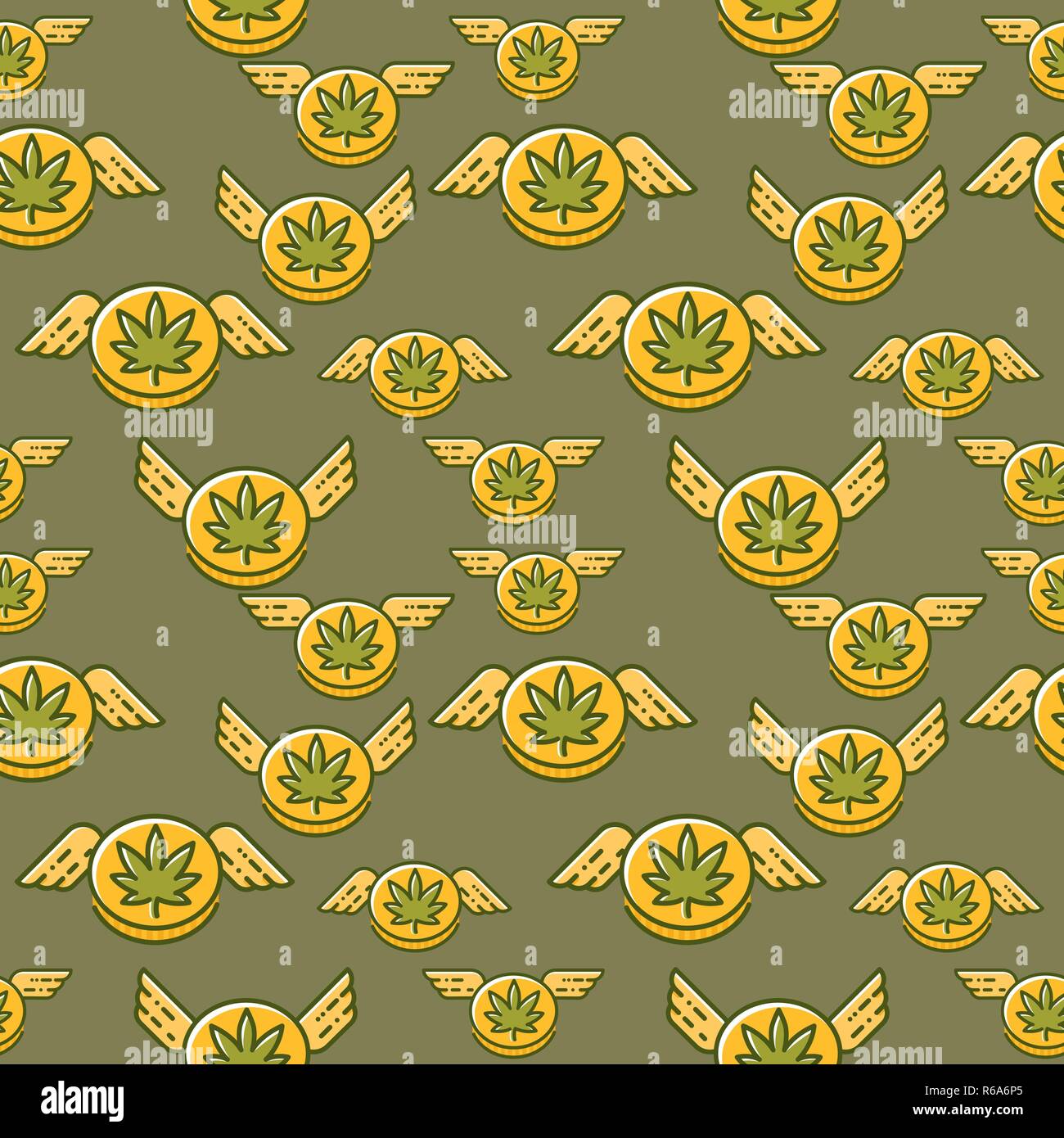 Cannabis coin with wings seamless vector pattern. Stock Vector