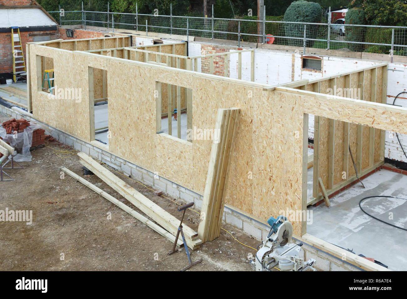 Timber frame house extension or annexe under construction in the UK Stock Photo