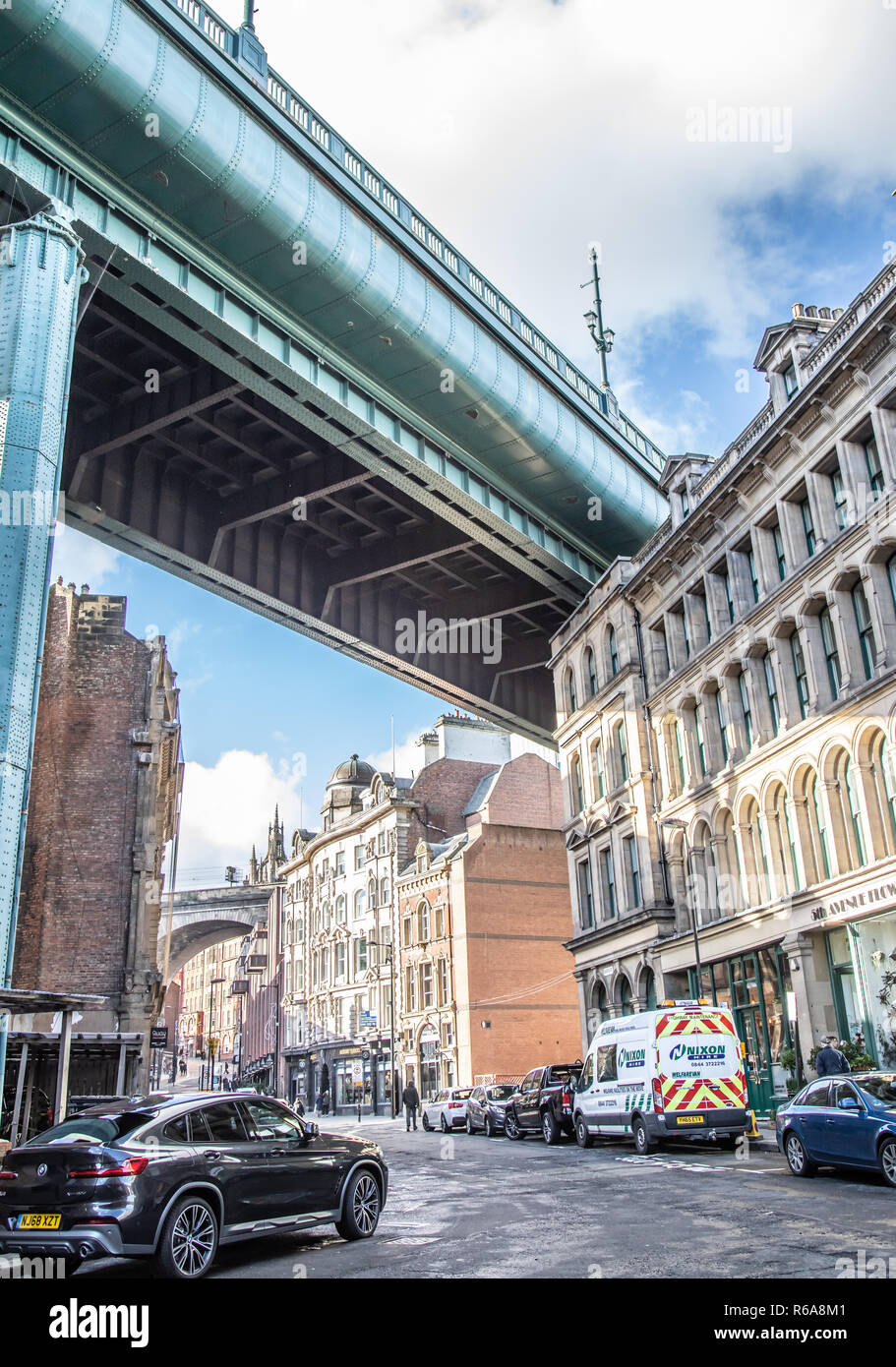 Street view of Side in Newcastle upon Tyne under the Tyne Bridge Stock Photo