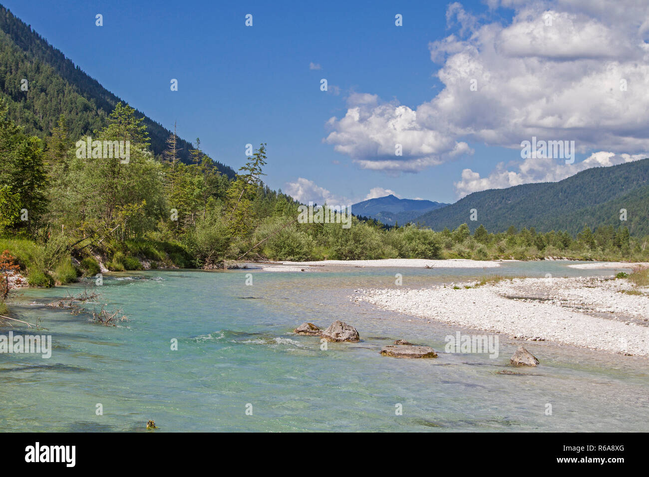 The Untamed River Course Of The Isar In Vorderriss In Upper Bavaria Stock Photo
