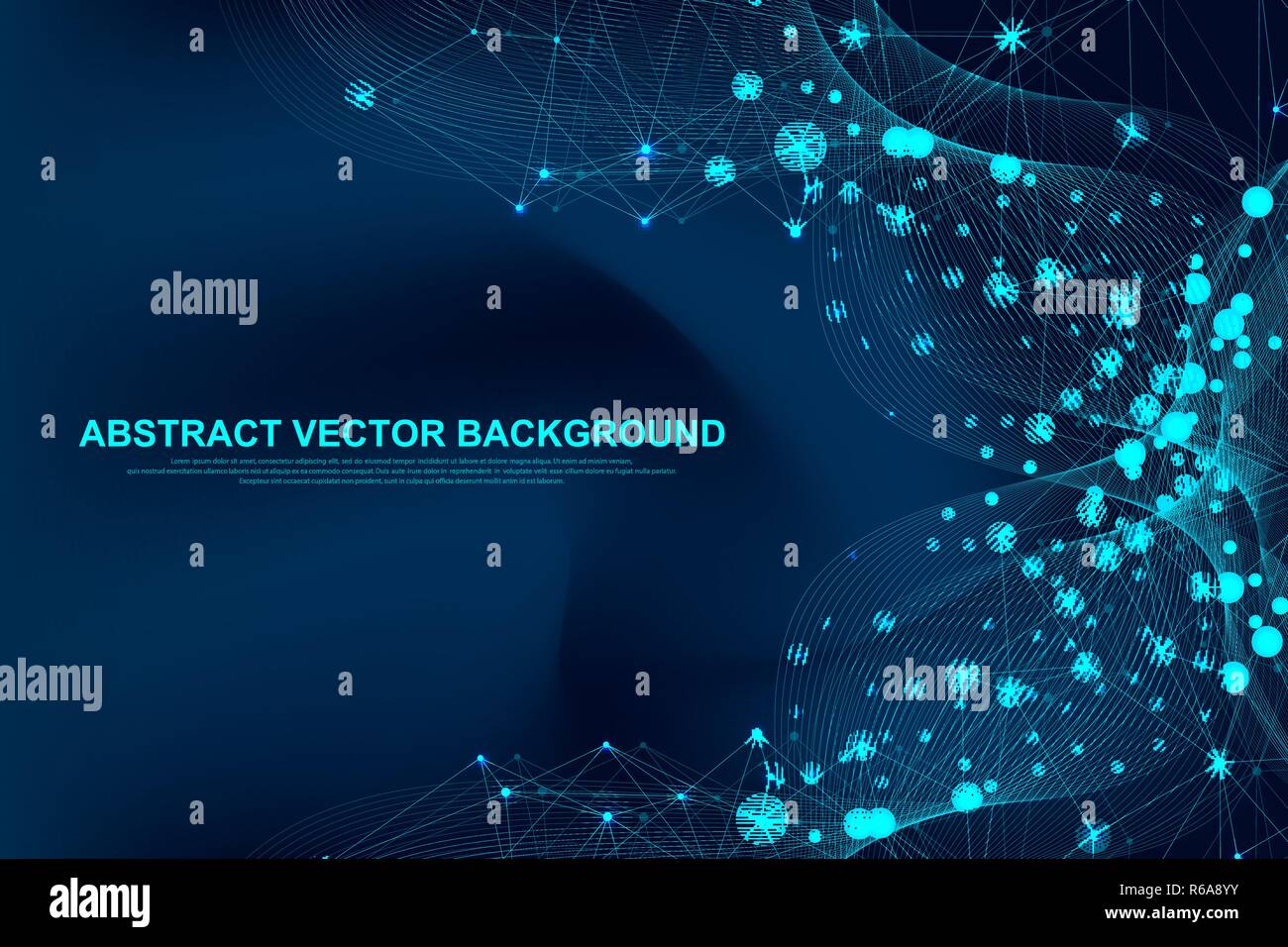 Futuristic abstract vector background blockchain technology. Peer to peer network business concept. Global cryptocurrency blockchain vector banner. Flowing lines, waves, dots Stock Vector
