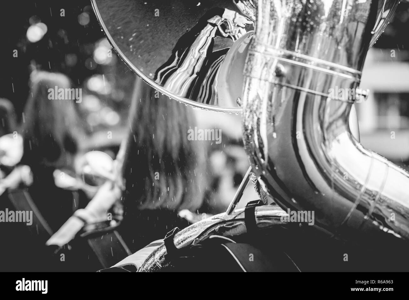 Various details of a performing wind band during a performance or concert with brass and percussion instruments Stock Photo