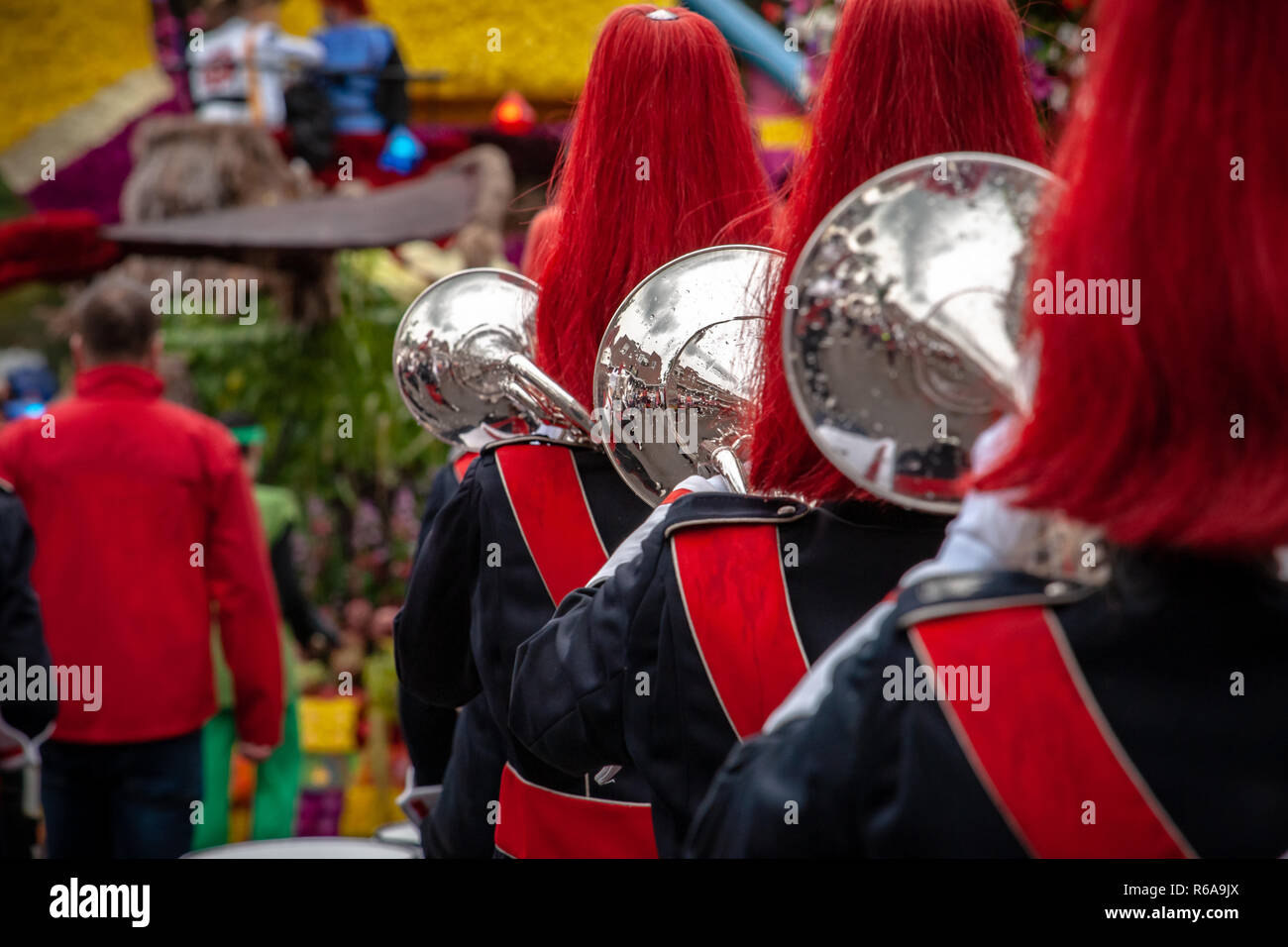 Various details of a performing wind band during a performance or concert with brass and percussion instruments Stock Photo