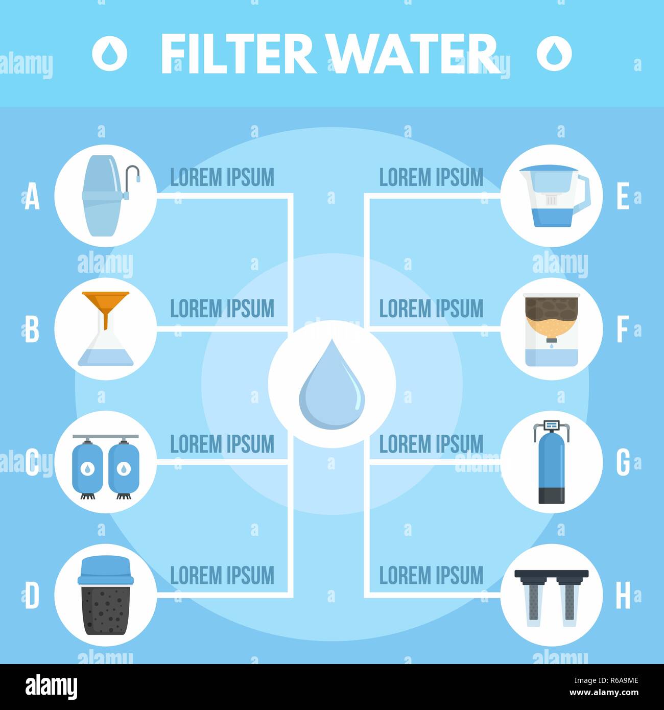 Filter water purification infographic. Flat illustration of filter