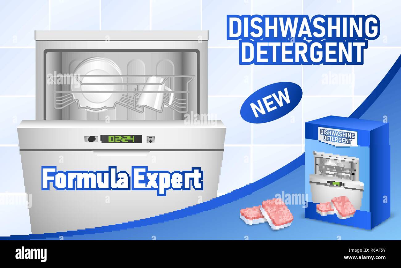 Dishwasher concept background. Realistic illustration of dishwasher