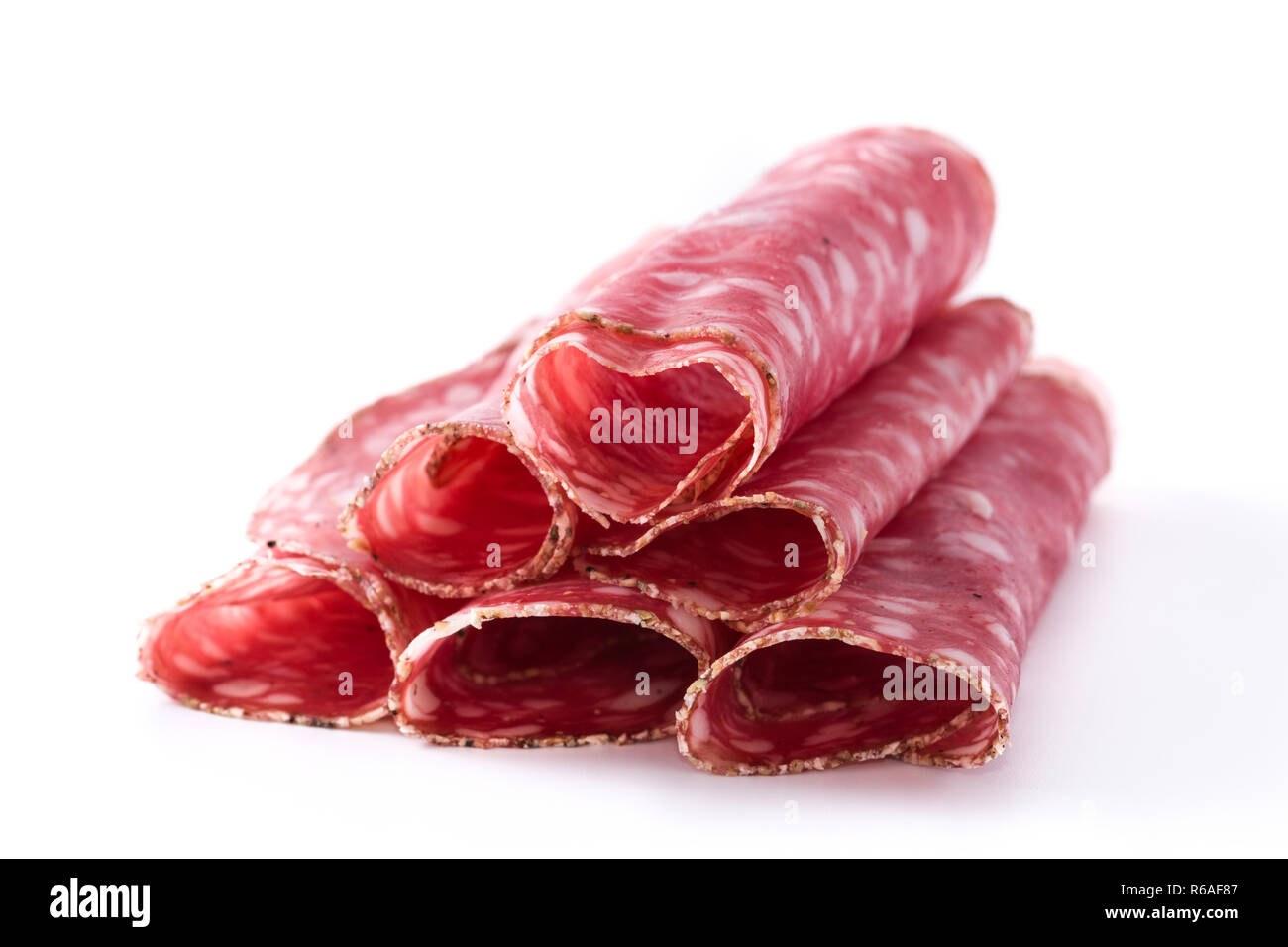 fresh salami sausage slices isolated on white background Stock Photo ...