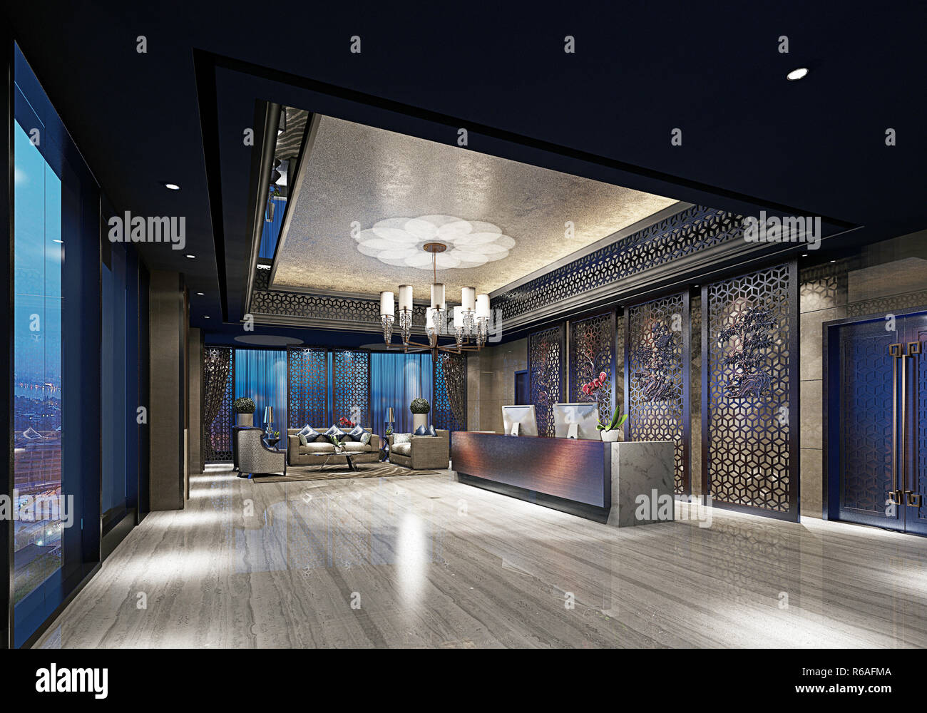 3D render of modern hotel lobby reception Stock Photo - Alamy