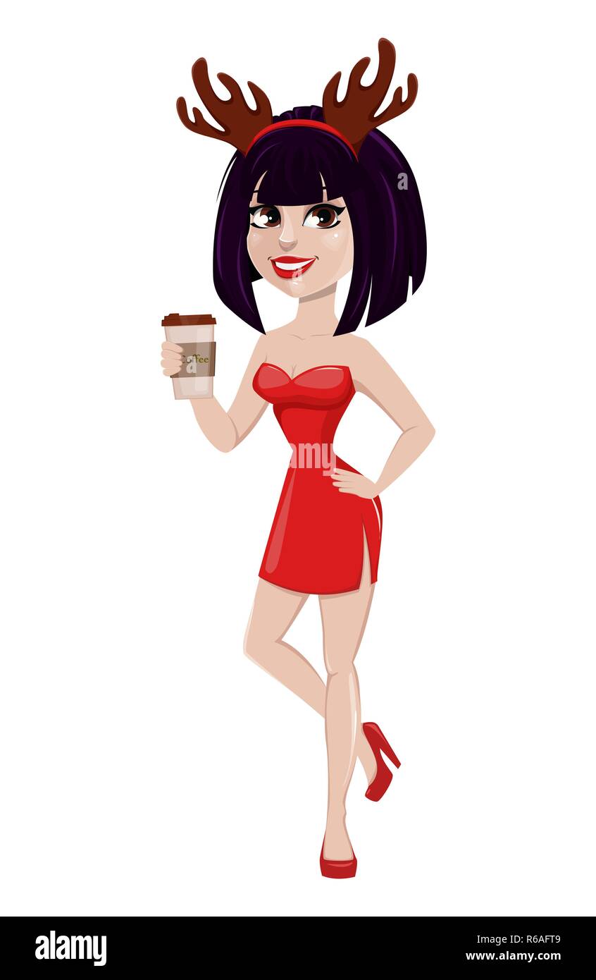 Christmas greeting card. Beautiful woman wearing funny mask with reindeer  horns. Smiling cartoon character holding a cup of coffee. Vector  illustratio Stock Vector Image & Art - Alamy
