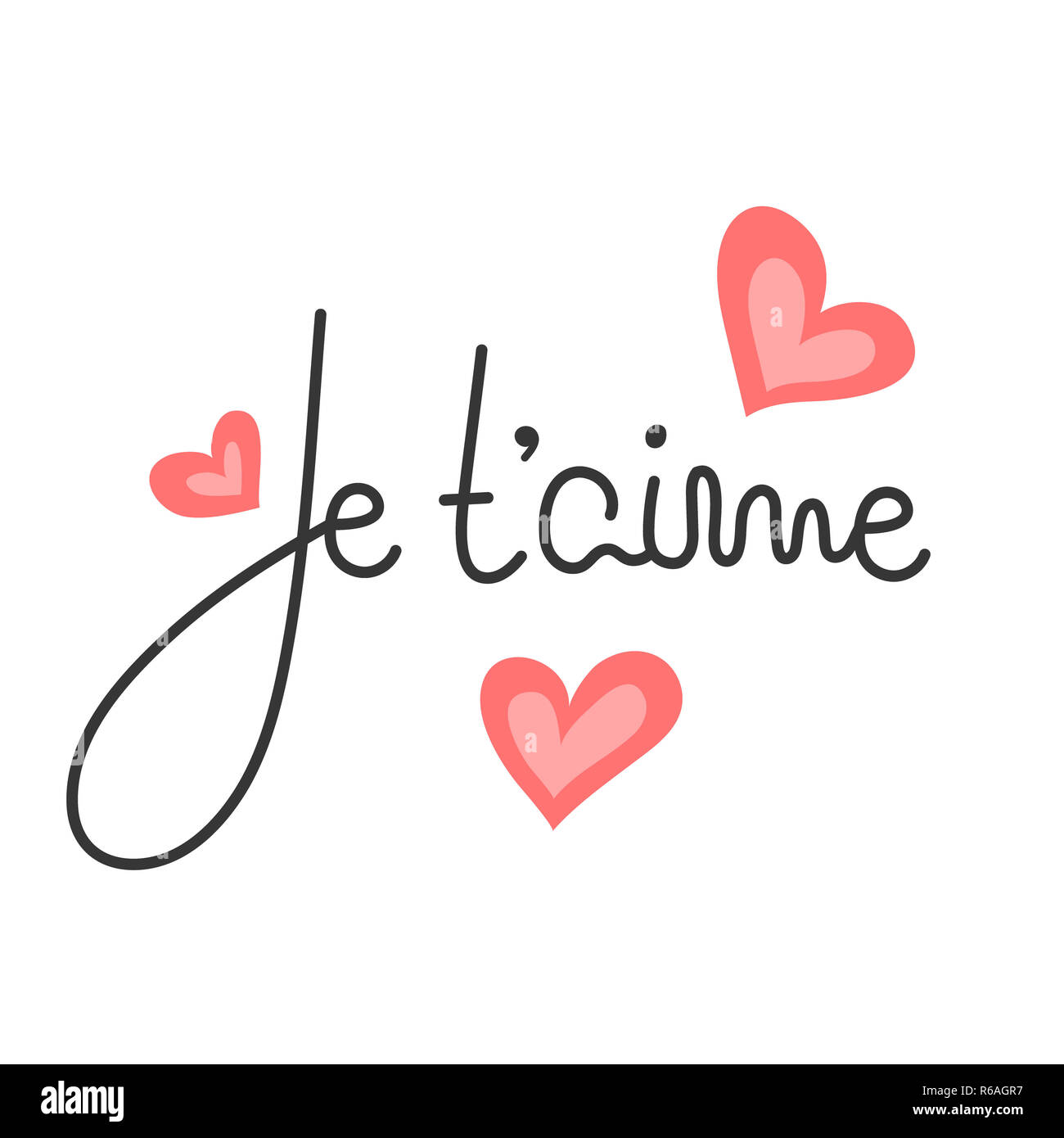 Je t'aime. French lettering. Handwritten romantic quote. Happy Valentine's day. Holiday in February. Calligraphy Stock Photo