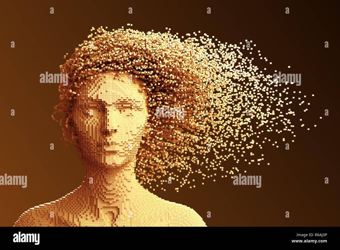 Gold Pixelated Head Of Woman And 3D Pixels As Hair. 3D Illustration. Stock Photo