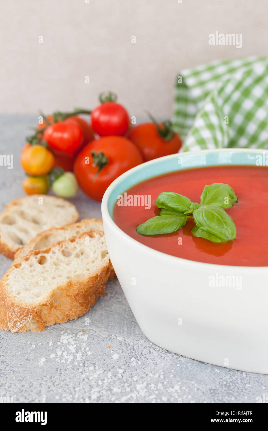 Tomato Soup With Basil Stock Photo