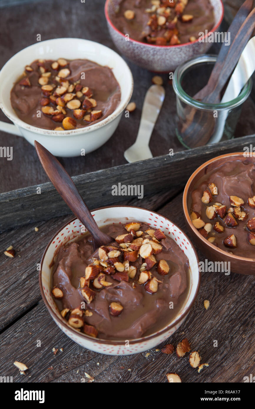 Chocolate Pudding With Roasted Almonds Stock Photo Alamy