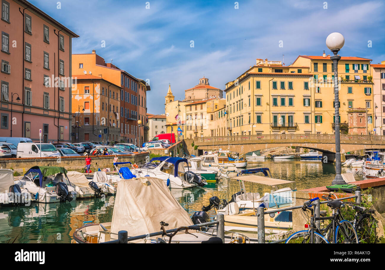 LIVORNO - ITALY - Buildings, canals and boats in the Little Venice district of Livorno, Tuscany, Italy. The Venice quarter is the most charming . Stock Photo