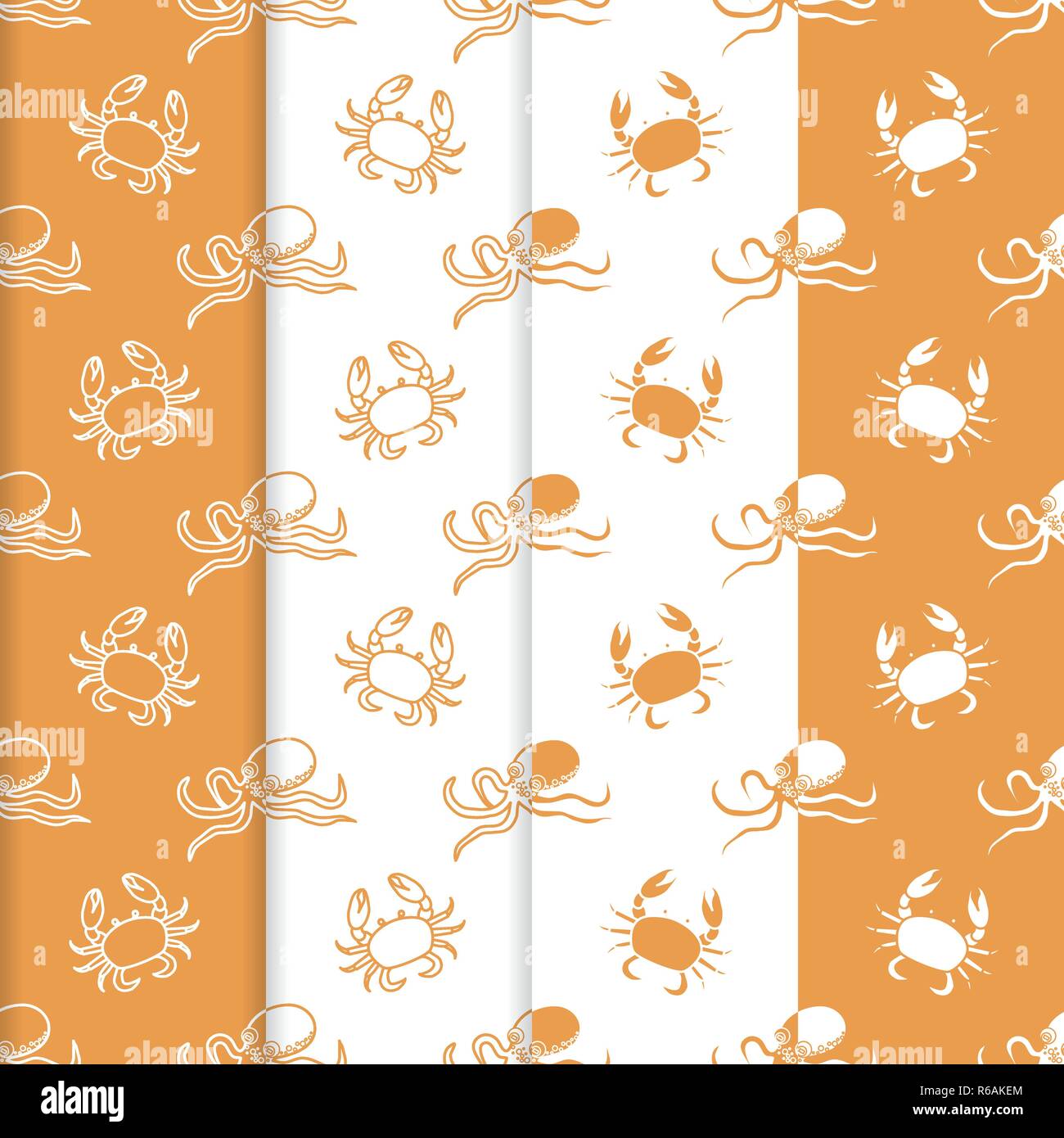 Set of 4 vector seamless pattern with octopuses and crabs. Sea ...