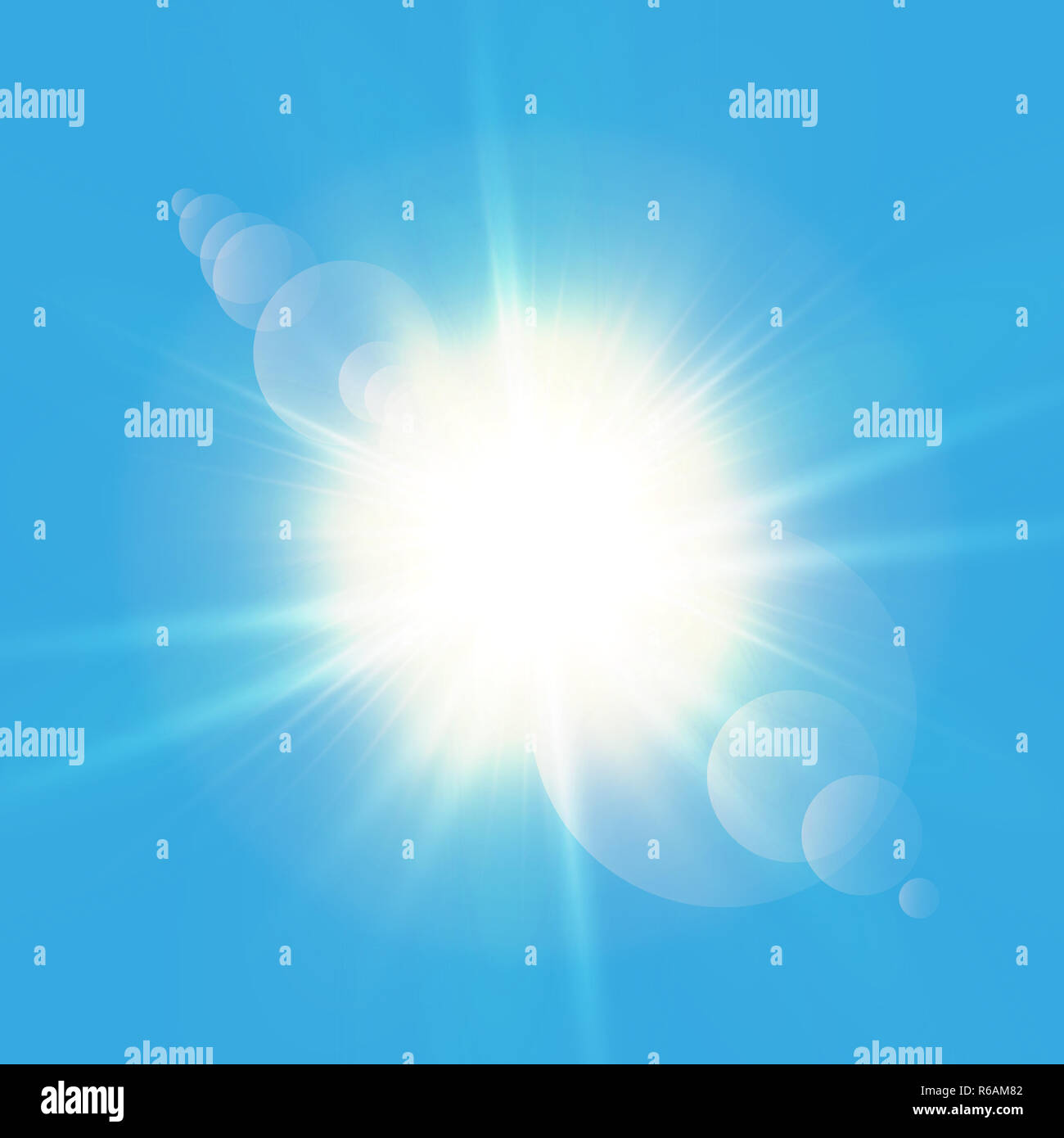Realistic shining sun with lens flare. Blue sky with clouds background ...