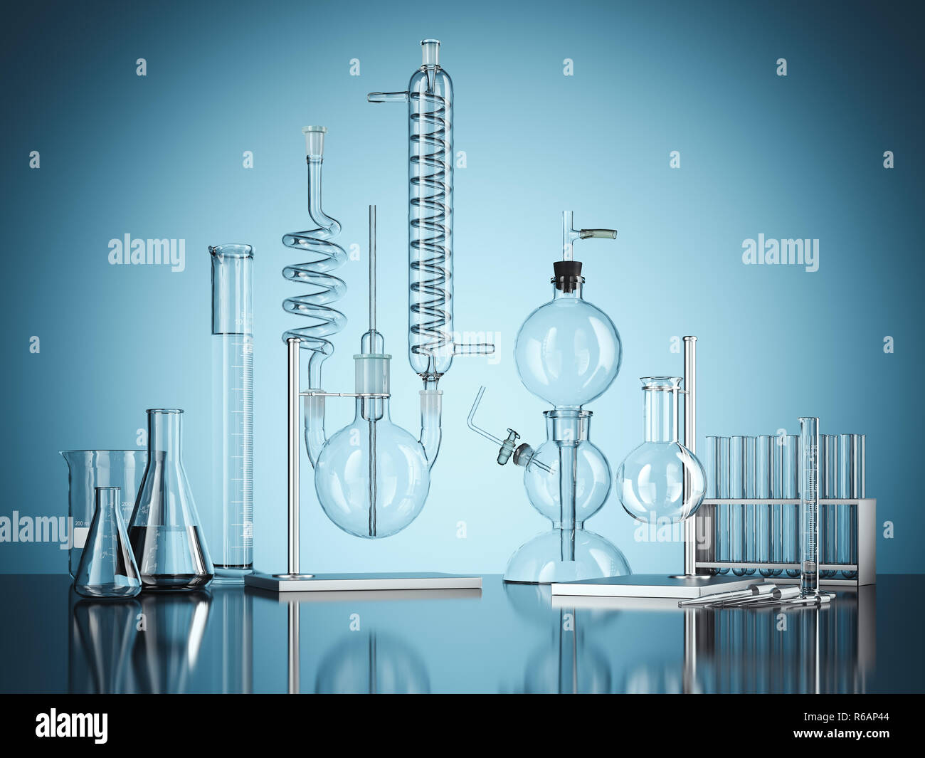 Glass chemistry lab equipment on blue background. 3d rendering Stock