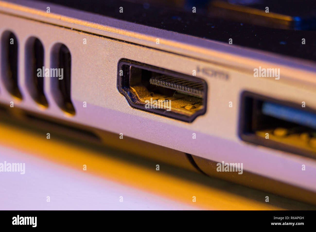 Closeup of HDMI cable port in a laptop Stock Photo - Alamy