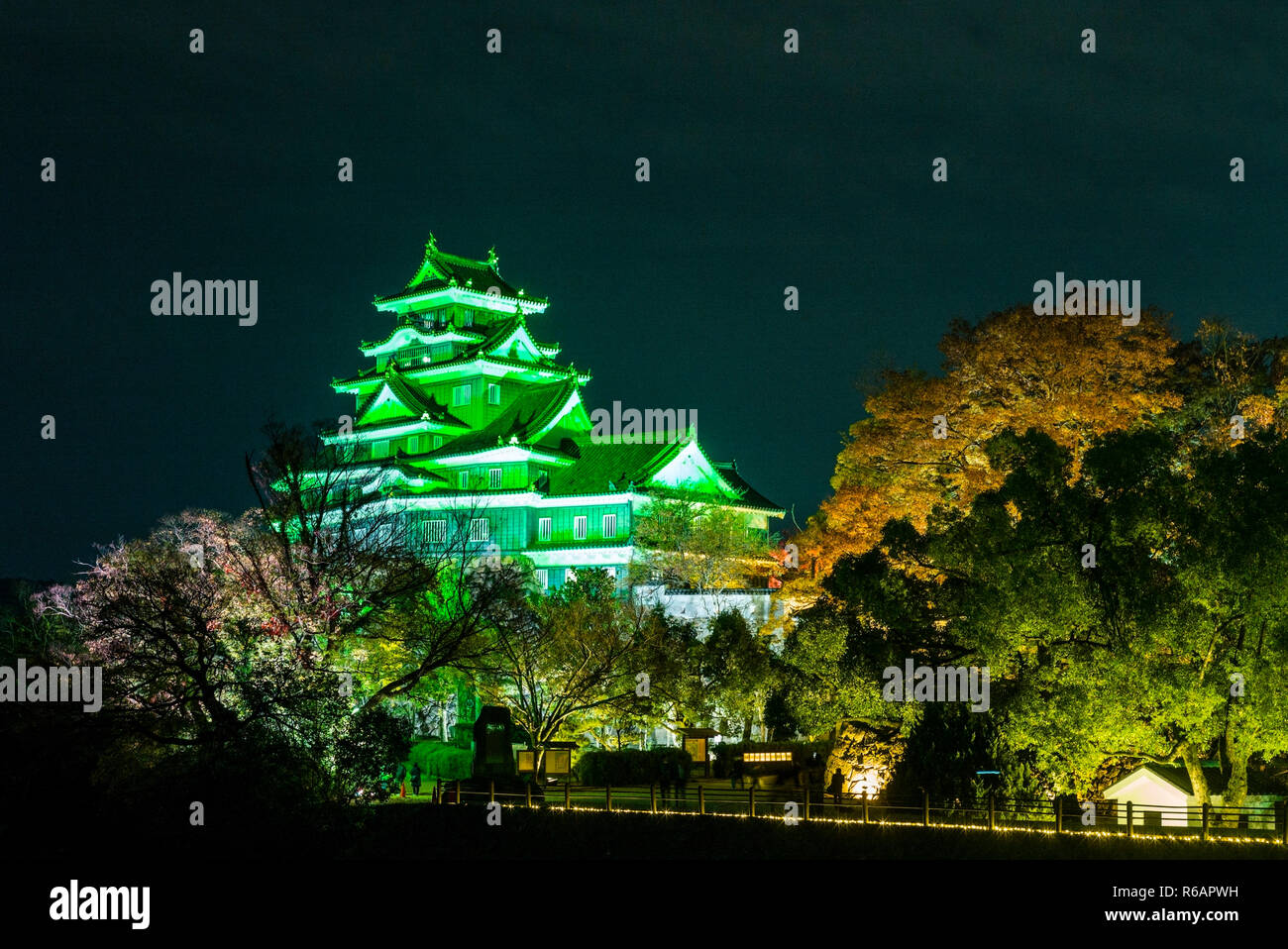 Night view of Okayama Castle, a historic samurai castle in Okayama, Japan. Stock Photo