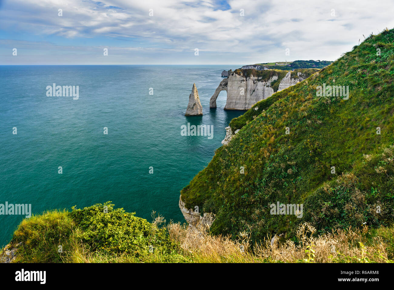 Beautiful view of cliffs Aval of Etretat and beautiful famous coastline ...
