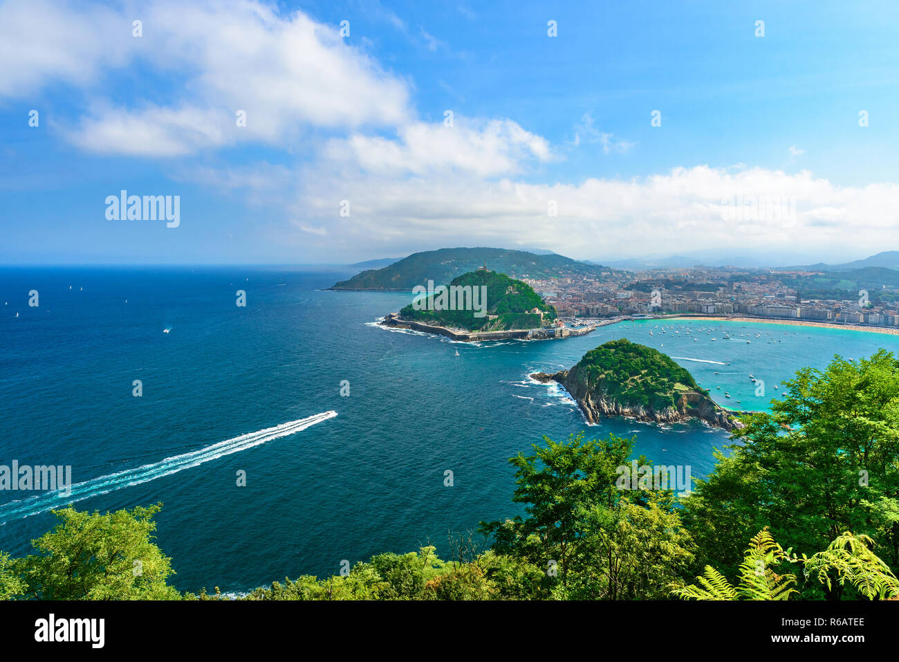 Aerial view of San Sebastian or Donostia with island in a beautiful summer day, Basque region, Spain Stock Photo