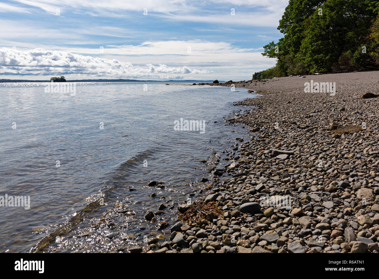 The coastline and the rocky beach of Sears Island on Penobscot Bay in Maine in the summertime. Stock Photo