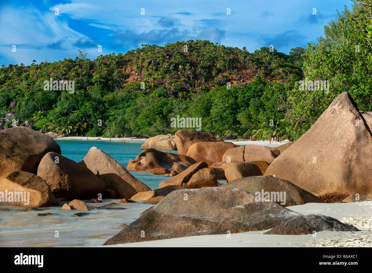 Anse Lazio beach, granite rocks sculpted by sea Praslin Seychelles Stock Photo