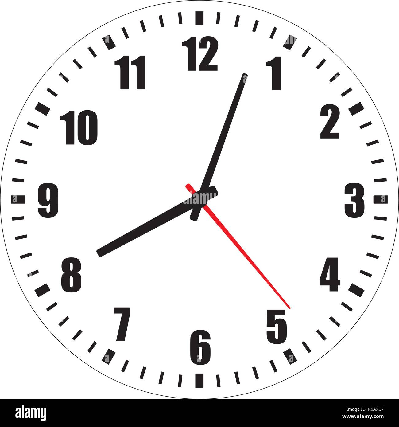 Vector illustration of blank clock face dial with Arabic numerals, hour, minute and second hands isolated on white background Stock Vector