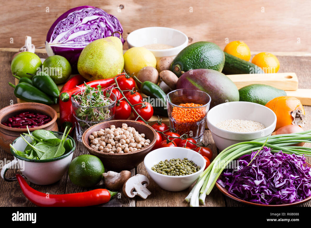 Healthy plant based vegan food. Variety of fresh vegetables, fruits ...