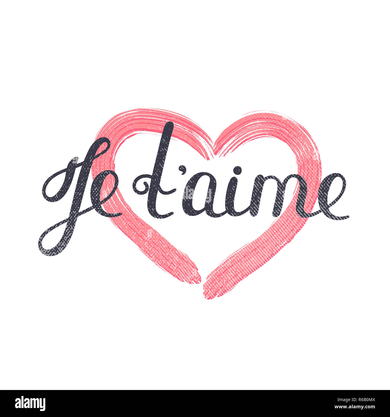 Je t'aime. French lettering. Handwritten romantic quote. Valentine's day. Textured heart. Holiday in February. Calligraphy Stock Photo