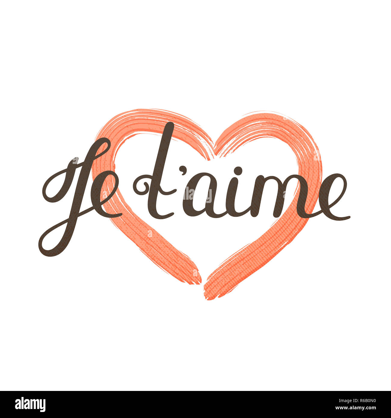 Je t'aime. French lettering. Handwritten romantic quote. Valentine's day. Textured heart. Holiday in February. Calligraphy Stock Photo