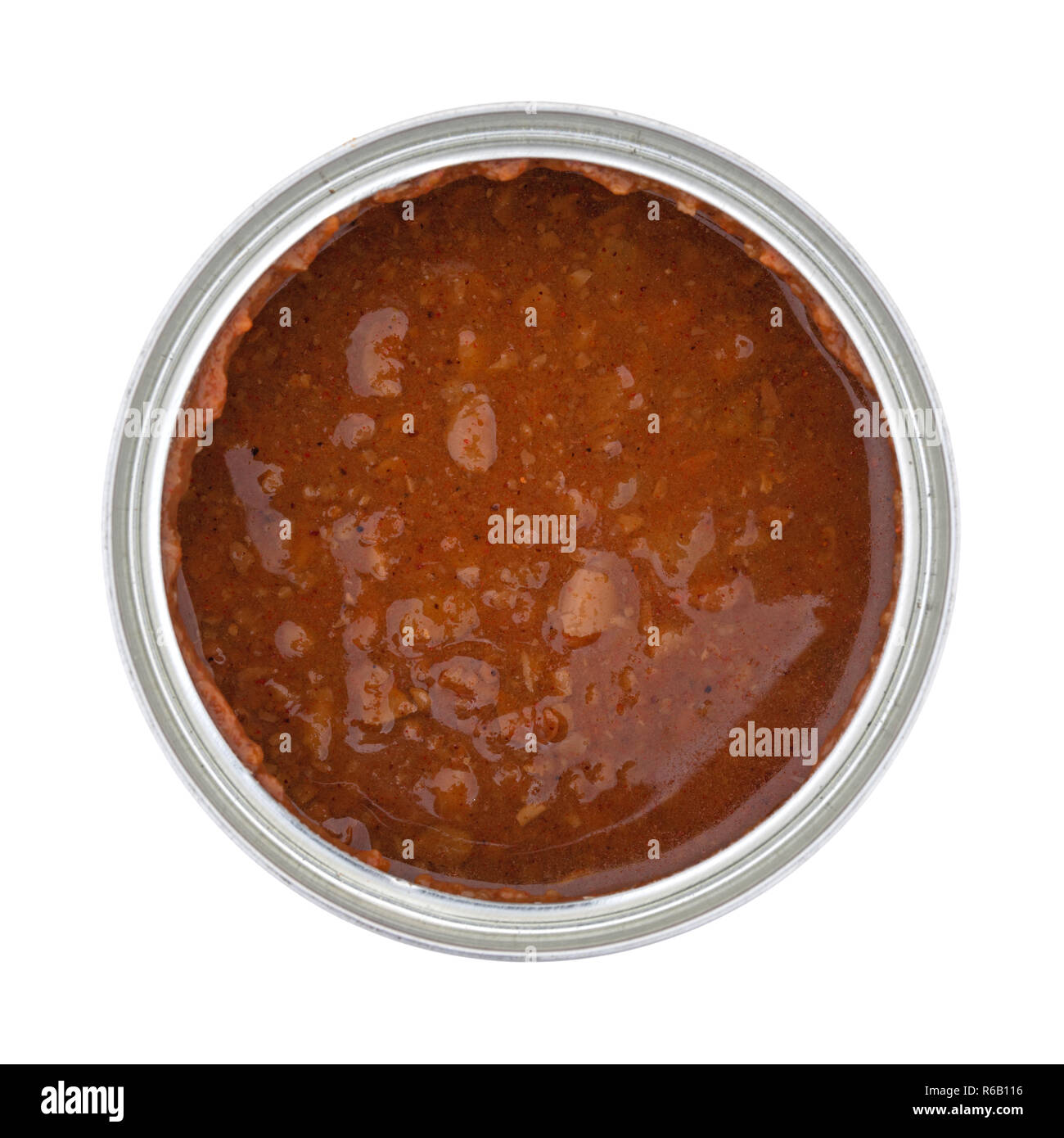 Top view of an open can of hot dog chili sauce isolated on a white background. Stock Photo