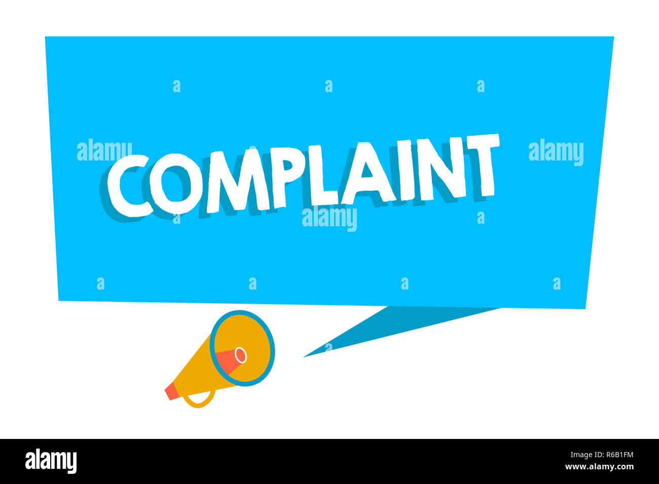 Word writing text Complaint. Business concept for statement that something is unsatisfactory or unacceptable Blank Rectangular Speech Bubble with Tail Stock Photo