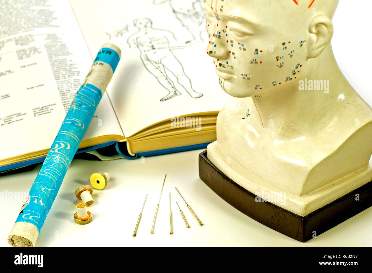 Acupuncture Needles, Head Model, Textbook And Moxa Roll Stock Photo Alamy