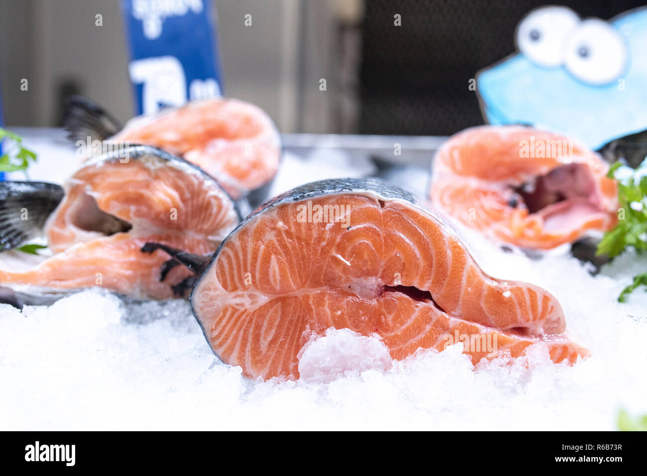 Fresh salmon fish on ice on seafood display at supermarket Stock Photo