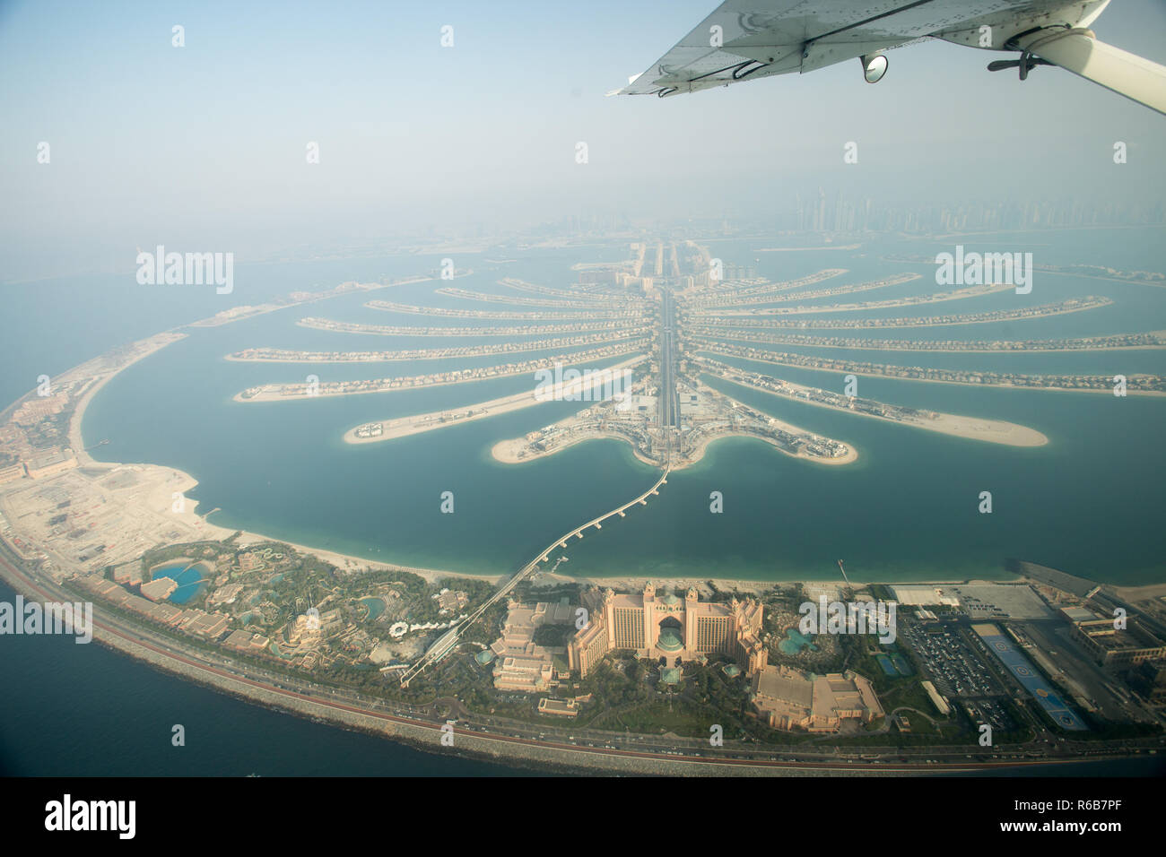 Palm Jumeirah and Atlantis Hotel as seen from a Seaplane Flight in Dubai, United Arab Emirates. Stock Photo