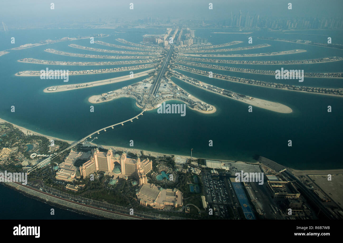 Palm Jumeirah and Atlantis Hotel as seen from a Seaplane Flight in Dubai, United Arab Emirates. Stock Photo