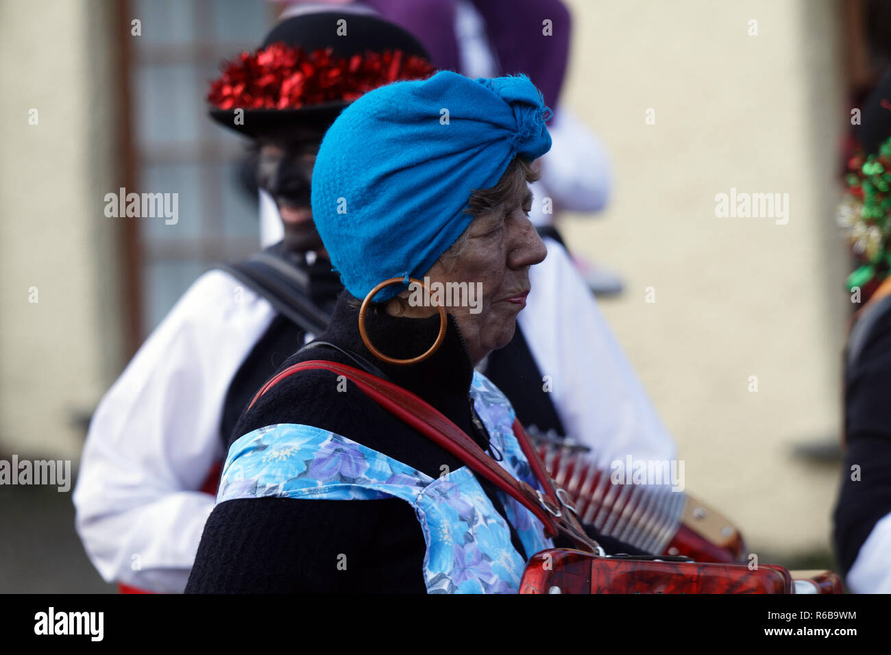 Mummers Day sometimes known as Darkie Day, ancient traditional parade with music and dancing through the streets of the town.Padstow,Cornwall, UK. Stock Photo