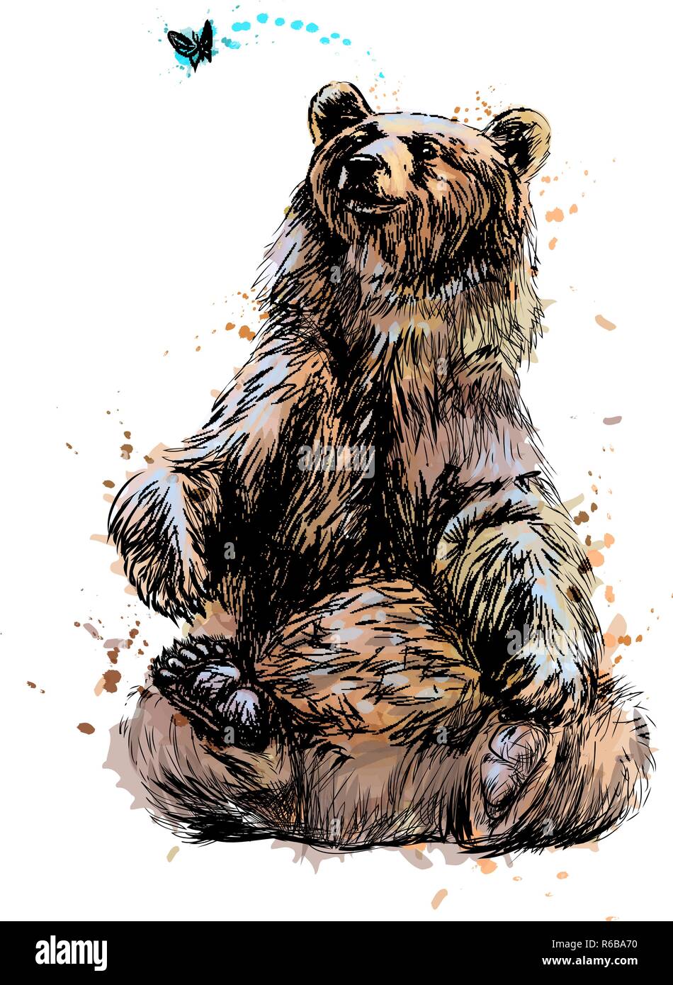 Brown bear sitting and playing with butterfly from a splash of watercolor Stock Vector