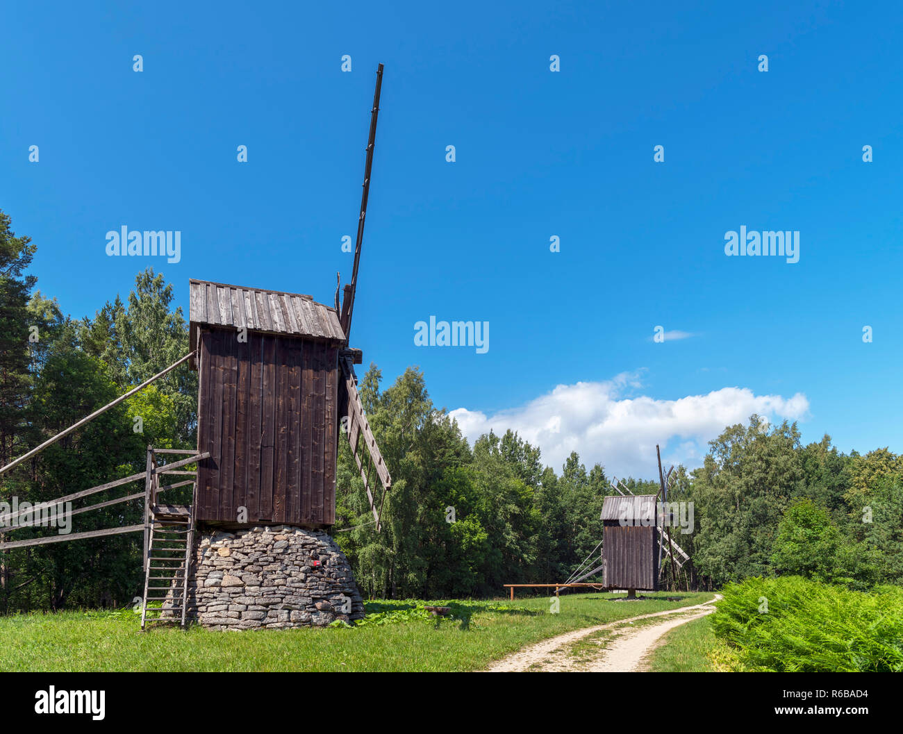 Post Windmills from the 18th and 19th centuries at the Estonian Open Air Museum (Vabaõhumuuseum), Tallinn, Estonia Stock Photo