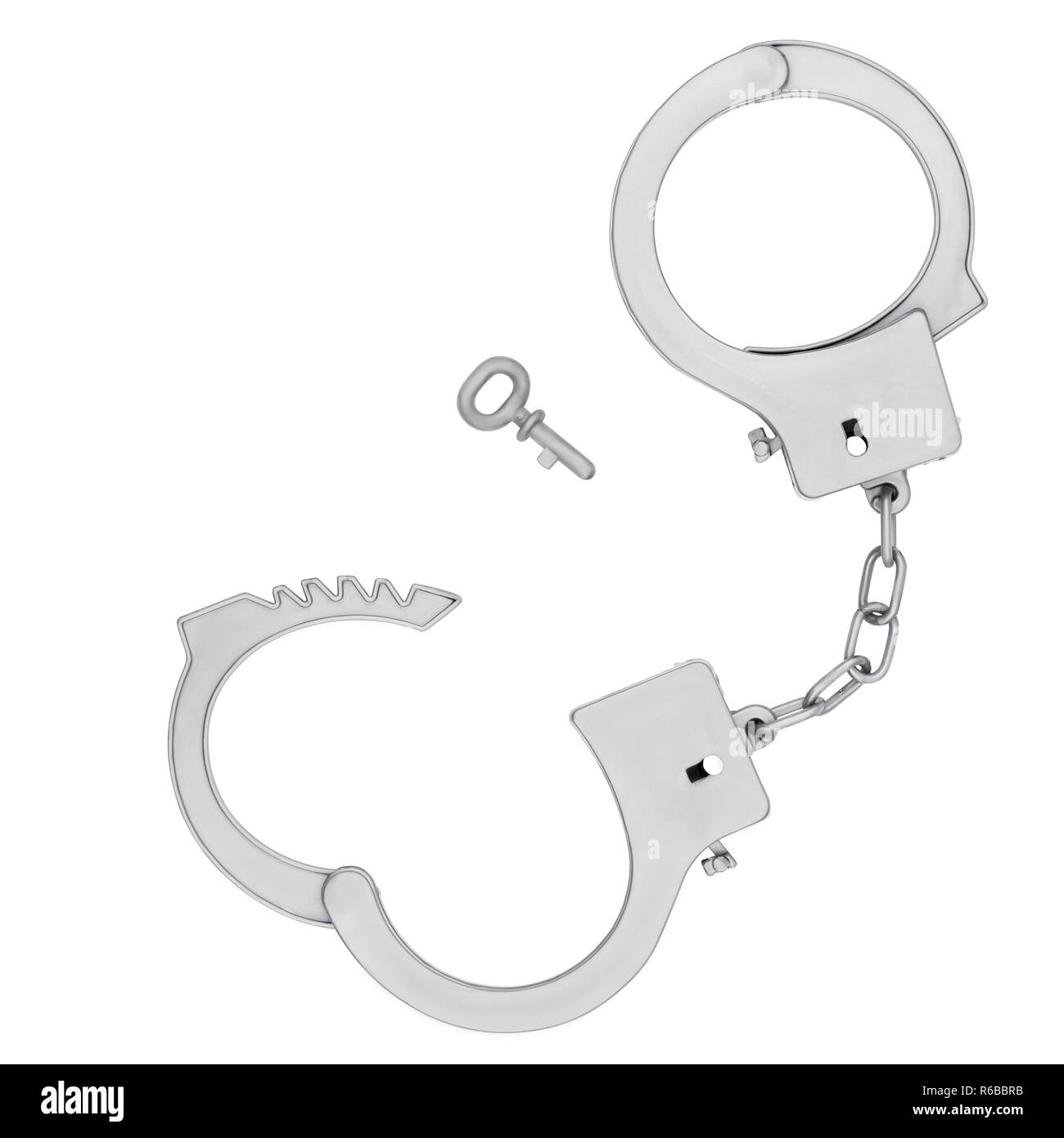 Isolated Silver Toy Police Hand Cuffs on White Background Stock Photo