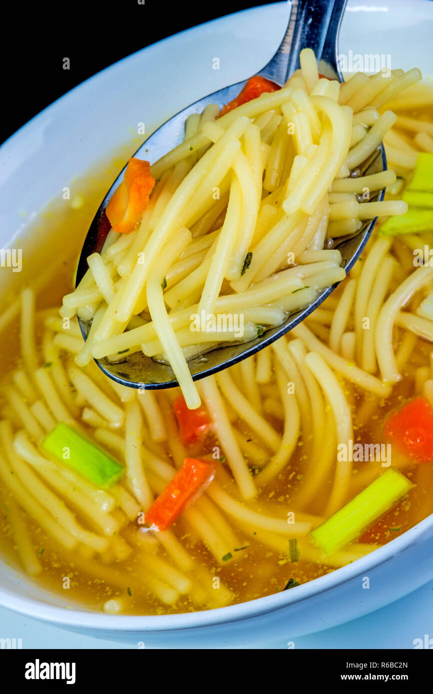 Beef Broth With Noodles Stock Photo