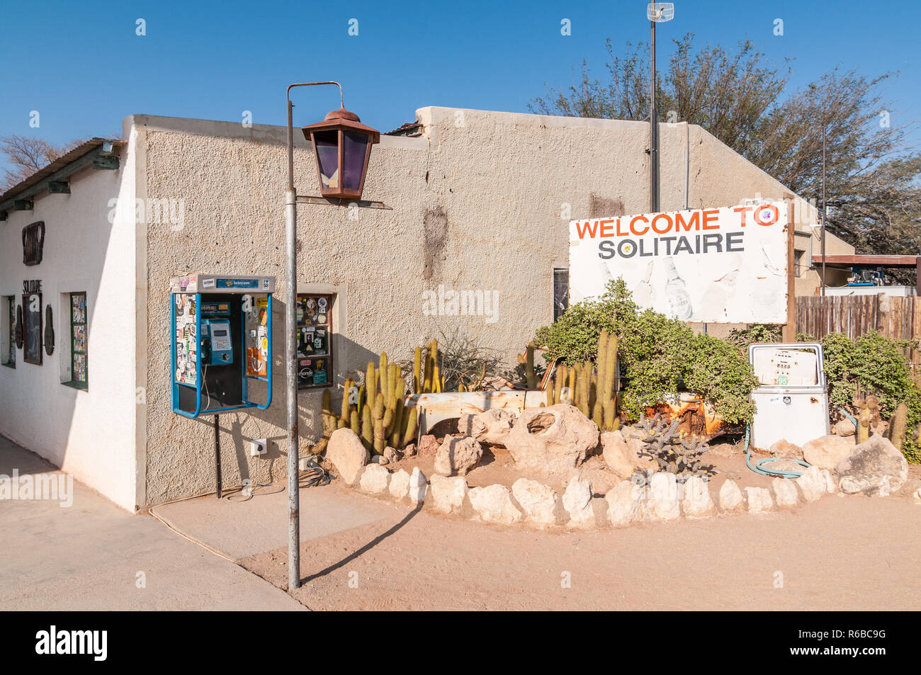 old telephone booth and old lamp in Solitaire gas station, Namibia Stock Photo